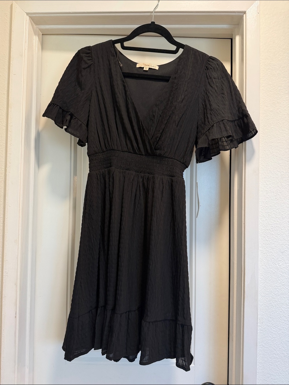 Rewind Black V-Neck Ruffle Sleeve Mini Dress